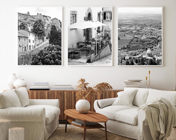 Black and White Tuscany Italy Three Print Set - Italian Vertical Wall Art - 3 Tuscan Photographs - Landscape Pictures - Street Cafe Photos