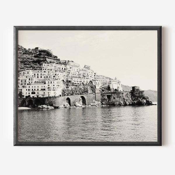 Black and White Amalfi Print, Amalfi Coast Photography, Seaside Village Picture, Mediterranean Wall Art, Italian Decor, Large Italy Print