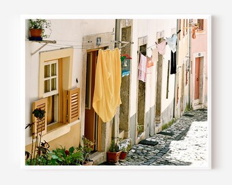 Lisbon Photography, Laundry Print, Portugal Street Photo, Yellow Laundry Room Wall Art, Clothesline Photograph, Alfama Picture, Lisbon Photo