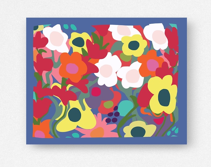 Whimsical Abstract Flower Print - Bright Colors Wall Art - Happy Vibrant Floral Picture - Yellow Red Pink Blue Available Framed or Matted