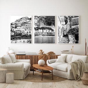 Black and White Amalfi Coast Three Print Set - Italian Beach Wall Art - Positano Streets and Cliffside Architecture Photographs