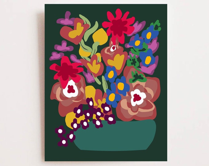 Colorful Flower Print, Abstract Floral Print, Whimsical Rose Art, Boho Dorm Art, Girls Room Decor, Hunter Green Wall Art, Botanical Print