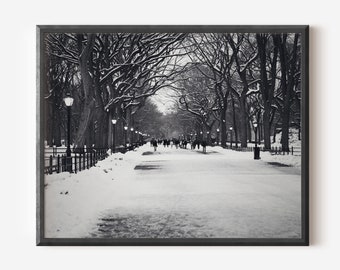 New York City Winter Print, Black and White Photography, Literary Walk Picture, Central Park Snow Photo, Winter Wall Art, Urban Landscape