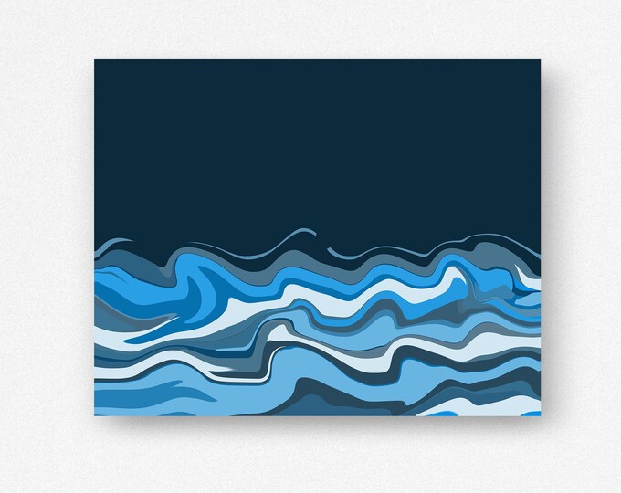 Modern Ocean Print - Abstract Coastal Wall Art - Midnight Blue Seascape - Navy Seas Picture - Horizontal Print Available Matted or Framed