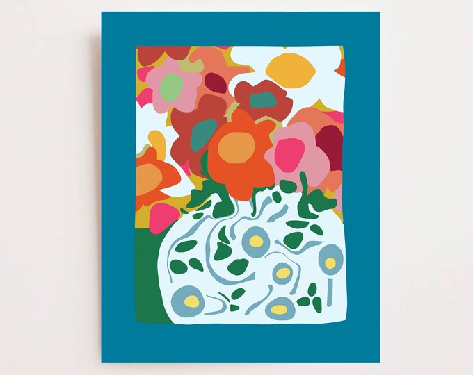 Abstract Flower Print - Bright Color Wall Art - Whimsical Floral Vase Picture - Vibrant Teal Orange Gold Pink - Available Framed or Matted