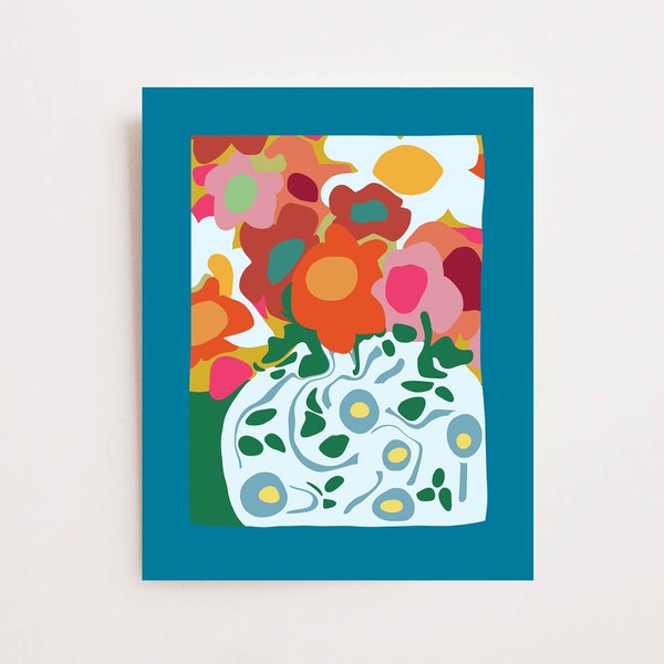 Abstract Flower Print - Bright Color Wall Art - Whimsical Floral Vase Picture - Vibrant Teal Orange Gold Pink - Available Framed or Matted