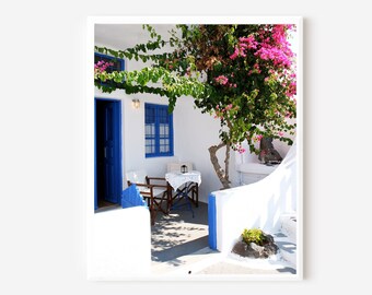 Santorini Greece Art, Santorini Photography, Mediterranean Kitchen Decor, Greece Cafe Photograph, Greek Islands Art, Blue and White Wall Art