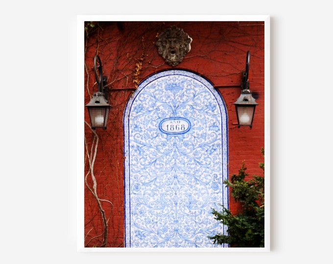 NYC Door Photo, Blue Door Mural Print, New York City Photography, West Village Photo, Red Wall Art,  NYC Door Picture, Spanish Tile Art
