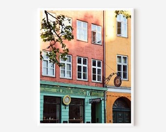 Copenhagen Denmark Print, Colorful Cafe Photo, Danish Wall Art, Travel Photography,  Restaurant Photo, Kitchen Wall Art, Mint Yellow Pink