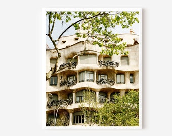 Barcelona Photography, Casa Mila, Barcelona Spain, Gaudi House Print,  La Pedrera, Spanish Architecture Photography, Beige Lime Green Art