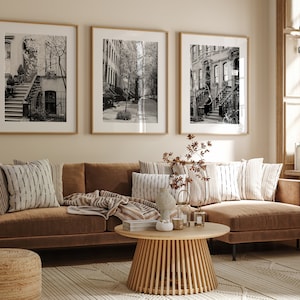 Black and White New York City Three Print Set - West Village Wall Art - Manhattan Street Architecture Photographs - 3 Brownstone Pictures