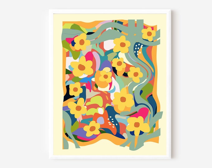 Abstract Flower Art, Yellow Flower Print, Whimsical Floral Picture, Modern Colorful Abstract, Girls Room Art, Abstract Wall Art
