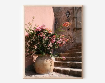 Sicily Wall Art, Pink Flowers Print, Italy Photography, Peach Decor, Sicily Photo, Italy Travel Print, Mediterranean Art, Italian Floral