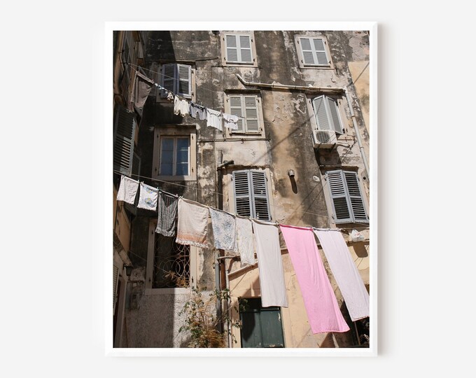 Laundry Room Wall Art, Corfu Greece Photography, Laundry Print, Clothesline Print, Mediterranean Art, Greece Travel Photography