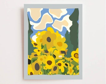 Sunflower Field Print - Yellow Flower Wall Art - Whimsical Floral Bloom Picture - Gold Green Blue Peach - Available Framed or Matted