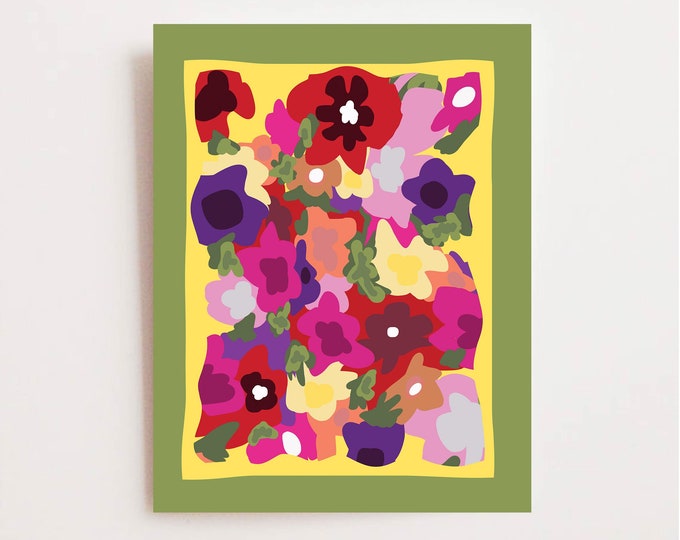 Abstract Flower Print - Bright Colors Summer Wall Art - Cheerful Colorful Floral Picture - Yellow Red Pink Green Available Framed or Matted