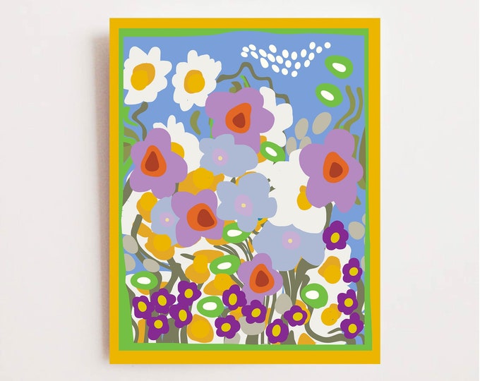 Abstract Mountain Flower Print - Bright Colors Wall Art - Vibrant Colorful Floral Picture - Pretty Daisy Print - Available Framed or Matted