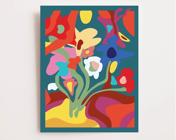 Abstract Flower Print - Bright Colors Wall Art - Whimsical Floral Picture - Vibrant Colorful Red Pink Yellow - Available Framed or Matted