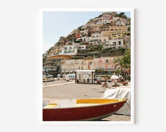 Positano Italy Print, Amalfi Coast Photography, Italian Beach and Boat Photograph, Coastal Italy Picture, Positano Wall Art, Red Boat Photo