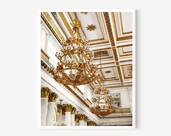 Chandelier Wall Art, Hermitage Museum Print, Saint Petersburg Russia Photography, Architecture Print, Gold and Cream Wall Art