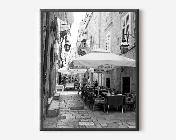 Croatia Print, Black and White Dubrovnik Photography, Dubrovnik Cafe Photo, Croatian Wall Art, City Street Picture, Croatia Travel Print