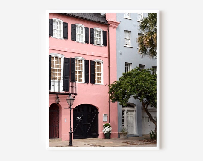 Charleston SC Print, Rainbow Row Photo,  Pink House Picture, Southern Home Decor,  Pastel Art, South Carolina Photography, Large Wall Art