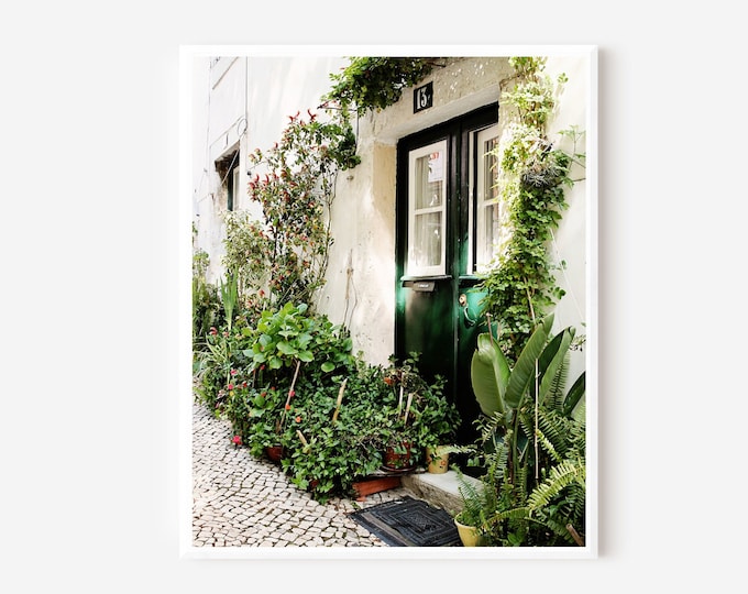 Emerald Green Door Print, Portugal Photography, Garden Wall Art, Portuguese Travel Photo, Plants and Flowers Print, Green Door Photograph
