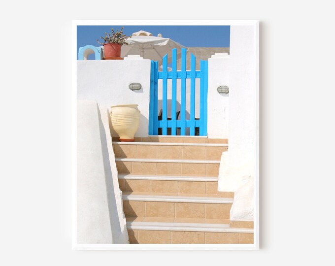Santorini Photography, Blue Gate Print, Greek Island Photo, Greece Travel Print, Mediterranean Decor, Blue and White Wall Art, Santorini Art