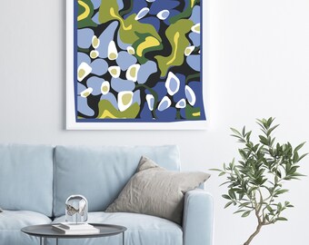 Abstract Hydrangea Wall Art - Modern Floral Print - Blue and Green Wall Art - Illustrated Flower Picture - Available Matted or Framed