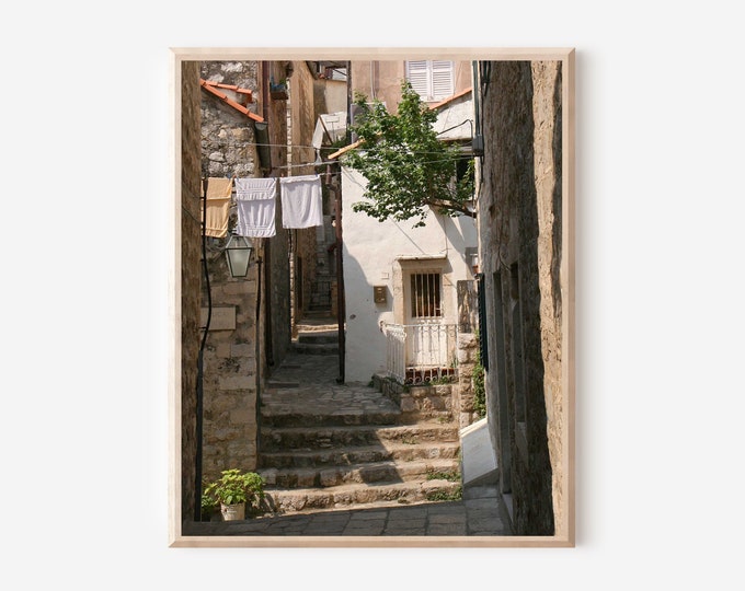 Laundry Room Wall Art, Dubrovnik Photograph, Clothesline Print, Croatia Photography, European Decor, Brown Wall Art, Framed Old Town Photo