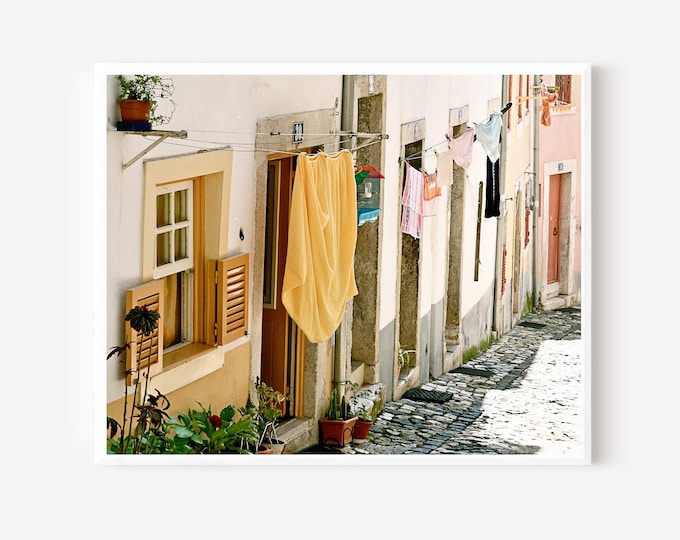 Lisbon Photography, Laundry Print, Portugal Street Photo, Yellow Laundry Room Wall Art, Clothesline Photograph, Alfama Picture, Lisbon Photo