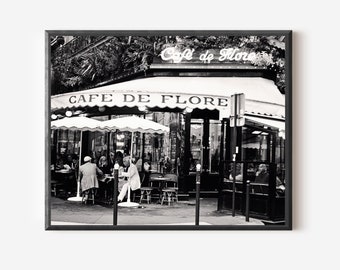 Impression Cafe de Flore, photographie de café parisien, photo Français noir et blanc, art mural cuisine parisienne, photo de bistrot Français, déco Paris