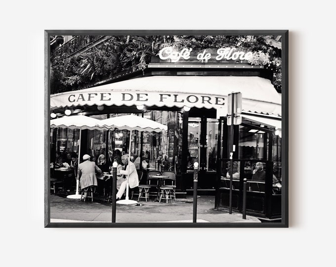 Cafe de Flore Print, Paris Cafe Photography, Black and White French Photo, Parisian Kitchen Wall Art, French Bistro Picture, Paris Decor