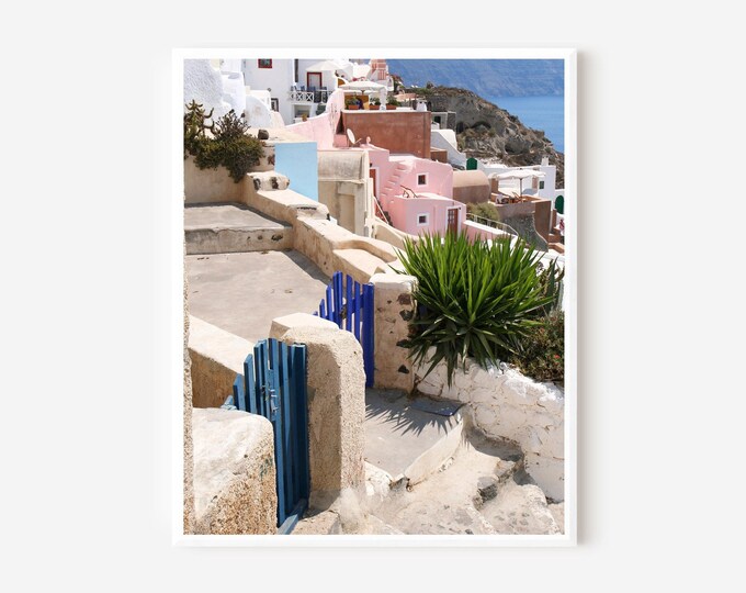 Santorini Print, Greece Photography, Oia Photo, Greek Islands Picture, Blue Gates Photo, Mediterranean Wall Art, Framed or Matted Print