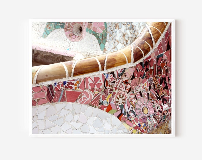 Barcelona Photography, Parc Guell Print, Gaudi Mosaic Tile Picture, Barcelona Spain, Pink Mosaic Tile, Spanish Decor, Mediterranean Art