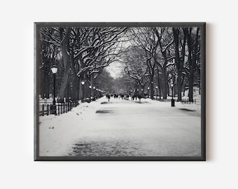 New York City Winter Print, Black and White Photography, Literary Walk Picture, Central Park Snow Photo, Winter Wall Art, Urban Landscape