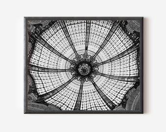 Black and White Galeries Lafayette Print, Paris Photography, Parisian Apartment Wall Art,  Stained Glass Window, Modern French Home Decor