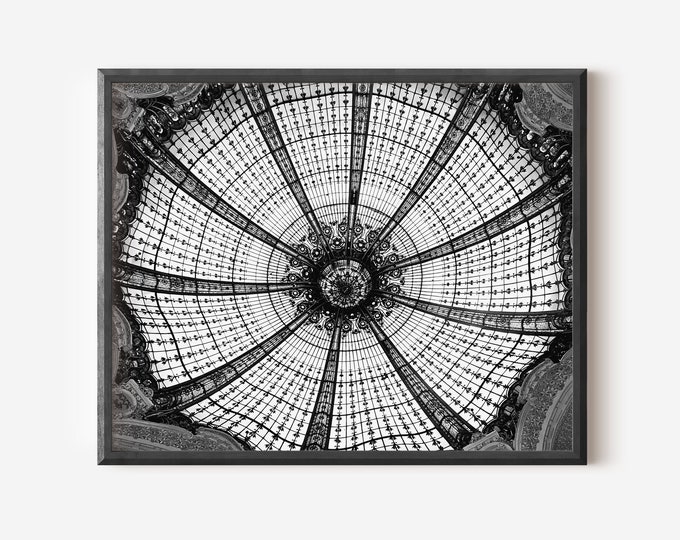Black and White Galeries Lafayette Print, Paris Photography, Parisian Apartment Wall Art,  Stained Glass Window, Modern French Home Decor