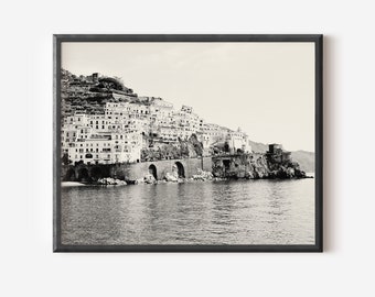 Black and White Amalfi Print, Amalfi Coast Photography, Seaside Village Picture, Mediterranean Wall Art, Italian Decor, Large Italy Print