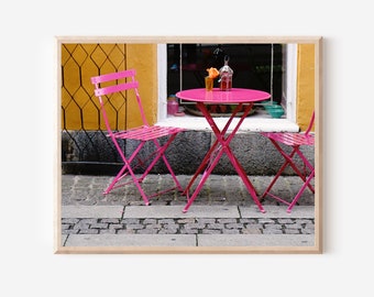 Pink Cafe Print, Bistro Table Photograph, Copenhagen Denmark Photography, Orange and Pink Art, Danish Decor, Scandinavian Kitchen Wall Art