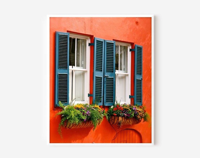 Charleston SC Print, Coral and Teal Art,  Southern Home Decor, Window Box Flower Photograph, South Carolina Photo,  Bright Color Wall Art