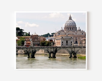 Rome Italy Photography, St Peters Vatican Cathedral Print, Italian Wall Art, Roman Architecture Photograph, Tiber River Bridge Picture