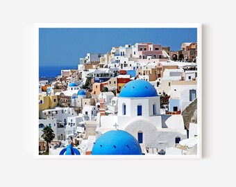 Santorini Greece Photography Print, Greek Island Photograph, Blue Dome Church Photo, Blue and White Wall Art, Mediterranean Travel Print