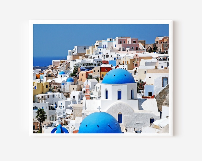 Santorini Greece Photography Print, Greek Island Photograph, Blue Dome Church Photo, Blue and White Wall Art, Mediterranean Travel Print