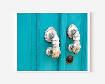 Turquoise Wall Art, Door Photography, Blue Door Print, Doorknocker Photo, Portugal Photography, Aqua Art, Portuguese Decor, Portugal Travel