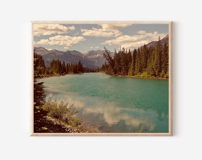 Mountain Lake Photography, Banff Canada Print, Woodland Wall Art, Vintage Inspired Landscape, Lake Home Decor, Pine Tree Photo, Canadian Art