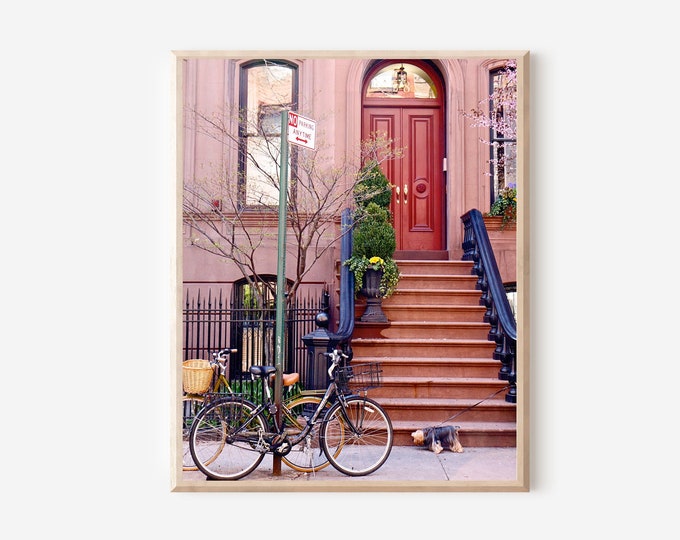 New York City Photography, West Village Print, NYC Brownstone Wall Art, Front Steps Picture, Manhattan Streets Photo, Red Door Photograph