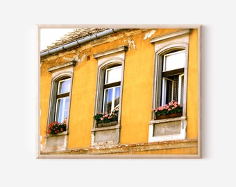 Hungary Photography, Hungarian Wall Art, Yellow Wall Art Print, Window Box Flower Photo, Rustic European Decor, Sopron Travel Photography