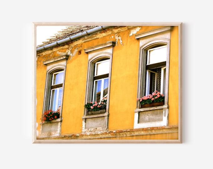Hungary Photography, Hungarian Wall Art, Yellow Wall Art Print, Window Box Flower Photo, Rustic European Decor, Sopron Travel Photography