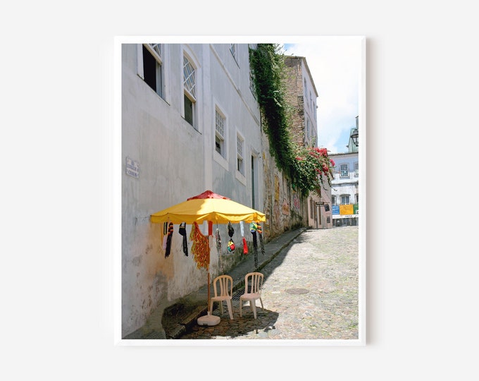Salvador Photo, Salvador Bahia Brazil, Yellow Umbrella Print, Cobblestone Street Picture, Colorful South American Art, Travel Photography
